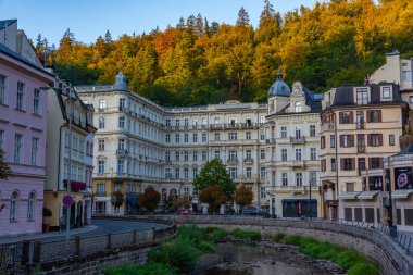 Karlovy Vary, 8 Eylül 2024: Çek Cumhuriyeti 'nin Karlovy Vary kentindeki Tepla Nehri' ne yansıyan Büyük Otel Köpeği.