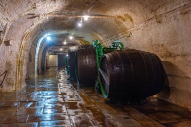 Pilsen, Çek Cumhuriyeti, 21 Eylül 2024: Pilsen, Çek Cumhuriyeti 'ndeki Pilsner Urquell bira fabrikasının yeraltı koridorları.