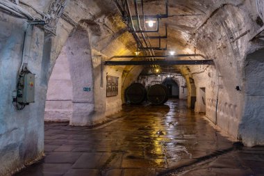 Pilsen, Çek Cumhuriyeti, 21 Eylül 2024: Pilsen, Çek Cumhuriyeti 'ndeki Pilsner Urquell bira fabrikasının yeraltı koridorları.