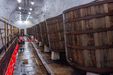 Pilsen, Çek Cumhuriyeti, 21 Eylül 2024: Pilsen, Çek Cumhuriyeti 'ndeki Pilsner Urquell bira fabrikasının yeraltı koridorları.