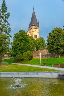 Bardejov, Slovakya 'daki bir çeşmenin arkasındaki Aziz Egidius Katedrali.