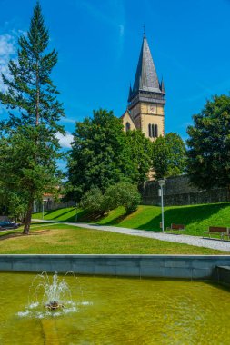 Bardejov, Slovakya 'daki bir çeşmenin arkasındaki Aziz Egidius Katedrali.
