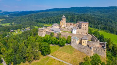 Slovakya 'da güneşli bir günde Stara Lubovna kalesi.