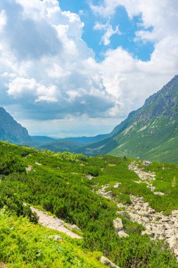Slovakya 'daki High Tatras Ulusal Parkı' nda Rysy tepesine doğru yürüyüş.