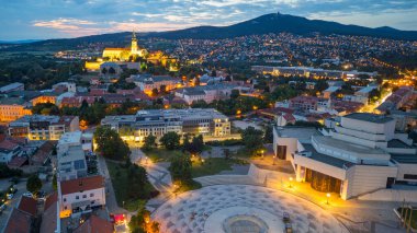 Nitra, Slovakya 'daki Svatoplukovo meydanına bakan Nitra kalesinin günbatımı manzarası.