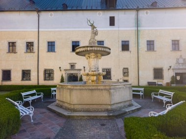 Slovakya 'daki Cerveny Kamen kalesinin panorama manzarası.