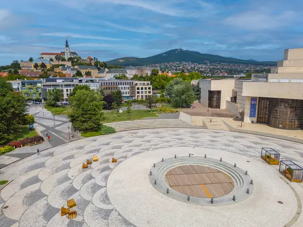Nitra, Slovakya 'daki Svatoplukovo meydanına bakan Nitra kalesinin panorama manzarası.