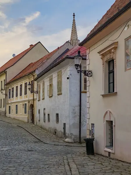 Eski Bratislava, Slovakya 'daki bir caddenin günbatımı manzarası.