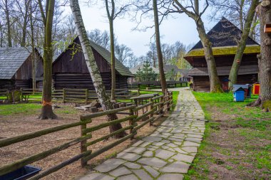 Pszczyna açık hava müzesindeki ahşap kulübeler. Poland.IMAGE