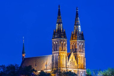 Çek Cumhuriyeti, Prag 'daki Vysehrad' da Aziz Peter ve Paul Bazilika 'nın Gece Görüşü.
