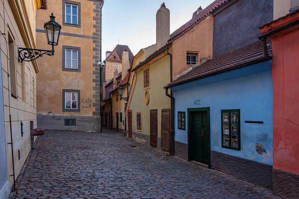 Sunset view of The golden lane at the Prague castle, Czech republic.IMAGE
