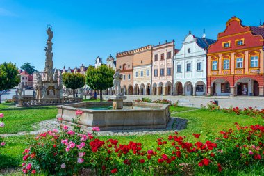 Çek Cumhuriyeti 'nin Telc kentindeki tarihi meydanda renkli evler.