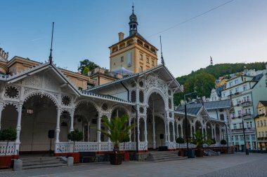 Çek Cumhuriyeti 'nin Karlovy Vary kentindeki saray kulesi ve pazar sütununun günbatımı.