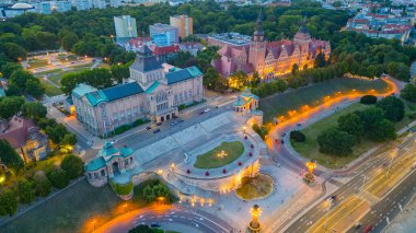 Szczecin, Poland.IMAGE 'deki Ulusal Müze' nin günbatımı görünümü