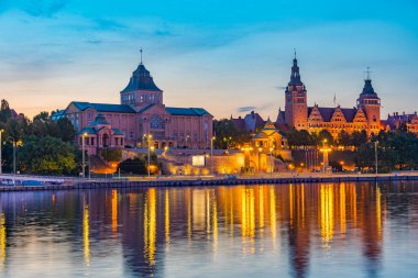Szczecin, Poland.IMAGE 'deki Ulusal Müze' nin günbatımı görünümü