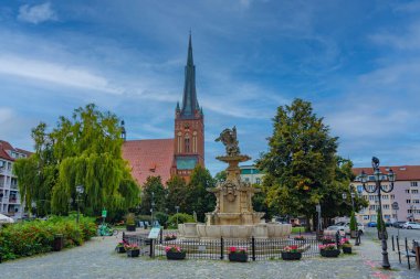 Havari Aziz James Bazilikası ve Szczecin, Poland.IMAGE 'deki Beyaz Kartal Çeşmesi.
