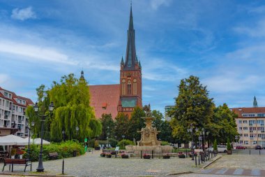 Havari Aziz James Bazilikası ve Szczecin, Poland.IMAGE 'deki Beyaz Kartal Çeşmesi.
