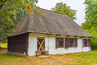 Katowice, Poland.IMAGE 'deki Yukarı Silezya Etnografik Parkı' ndaki tarihi binalar