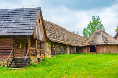 Nowy Sacz, Poland.IMAGE 'deki Sadecki Ethnographic Park' taki tarihi binalar.
