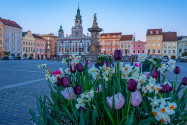 Çek Cumhuriyeti 'nin Ceske Budejovice kentindeki ana meydanın gün doğumu manzarası.
