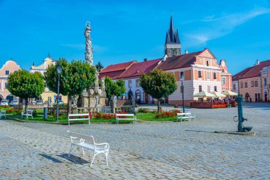 Çek Cumhuriyeti 'nin Telc kentindeki tarihi meydanda renkli evler.