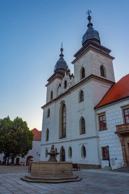 Çek Cumhuriyeti 'nin Trebic kentindeki Saint Prokop Bazilikası' nın gün batımı manzarası.
