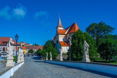 Çek Cumhuriyeti Namest nad Oslavou 'daki Barok taş köprüsü ve kutsal haç kilisesi.
