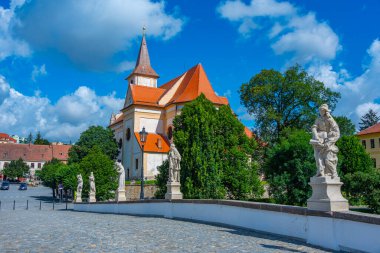Çek Cumhuriyeti Namest nad Oslavou 'daki Barok taş köprüsü ve kutsal haç kilisesi.
