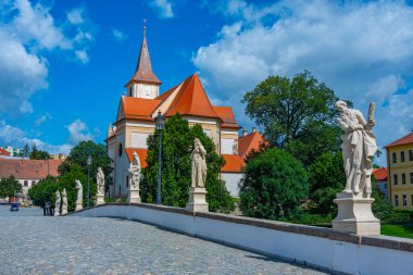 Çek Cumhuriyeti Namest nad Oslavou 'daki Barok taş köprüsü ve kutsal haç kilisesi.