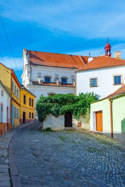 Çek Cumhuriyeti 'nin eski Znojmo kasabasındaki renkli cadde.