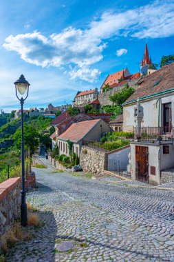 Çek Cumhuriyeti 'nin eski Znojmo kasabasındaki renkli cadde.