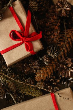 Ahşap arka planda köknar dalları, koniler ve çam kozalaklarıyla Noel süslemesi