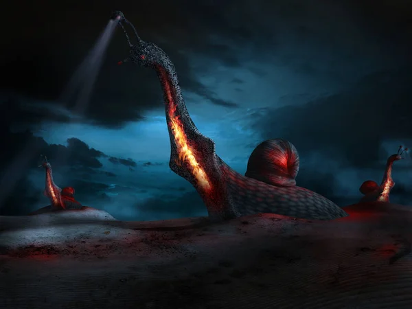 Surrealistisch Landschap Met Gigantische Vurige Slakken Een Woestijn — Stockfoto