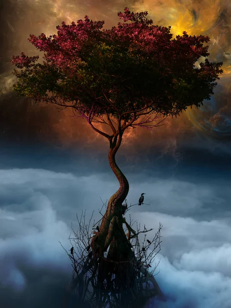 Сюрреалистичная Сцена Красочным Деревом Облаками — стоковое фото