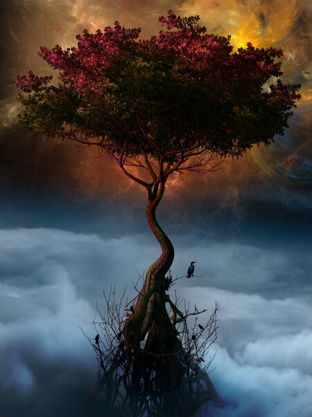 Surrealistic scene with colorful tree and clouds