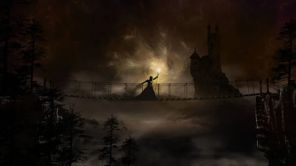 魔法师 吊桥和城堡的幻想场景 — 图库照片