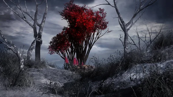 Ölü Çalıların Arasında Kırmızı Ağaçlı Gotik Bir Manzara — Stok fotoğraf
