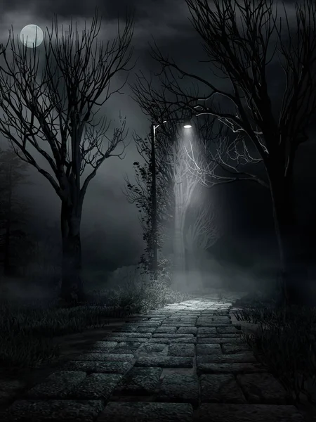 有树木 灯笼和雾的哥特式风景 图库图片