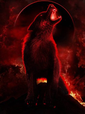 Fantasy scene with fiery wolf and black moon clipart