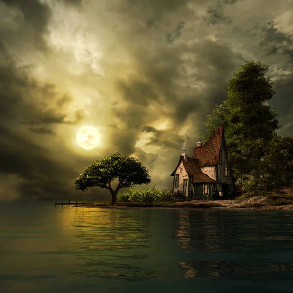 Lansdcape Setting Sun Fairytale House Lake Shore Imagen de archivo