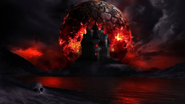 Fantasy Scenery Castle Burning Moon Imagen de stock