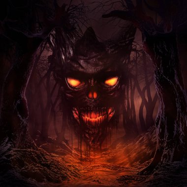 Yanan kafatası ve ağaçlarla süslü fantezi manzarası