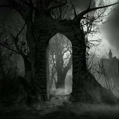 Terk edilmiş bahçedeki harabe taş kemer