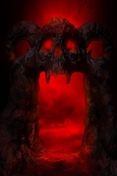 Kafatası Taş Ateş Dolu Fantezi Manzarası Stok Resim