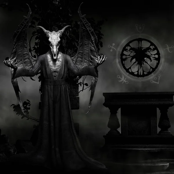 Escena Gótica Con Esqueleto Mago Altar Fotos de stock