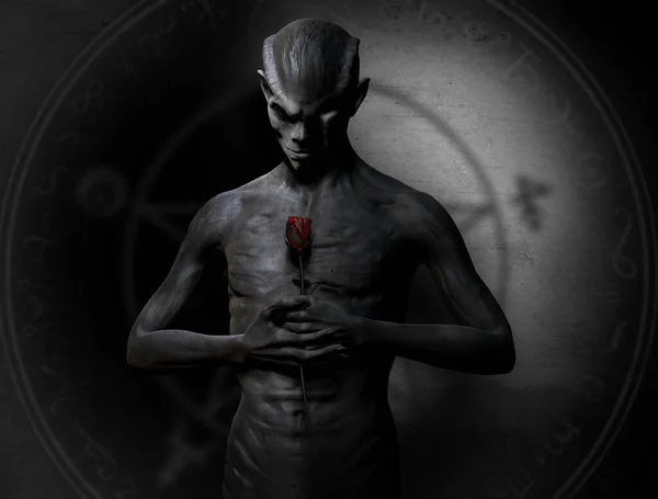 Escenario Fantasía Oscura Con Demonio Sosteniendo Una Rosa Sangre — Foto de Stock