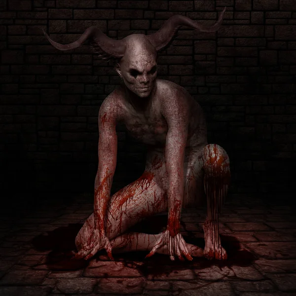 Horror Sceneria Rogatym Demonem Skąpanym Krwi — Zdjęcie stockowe