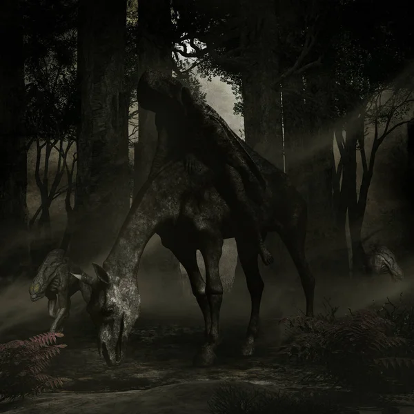 Bosque Escena Con Jinete Caballo Oscuro Dos Perros Espeluznantes — Foto de Stock