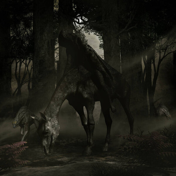 Forest scene with dark horse rider and two creepy dogs