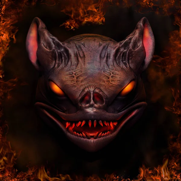 Kopf Einer Dämonischen Katze Auf Dem Hintergrund Der Flammen — Stockfoto